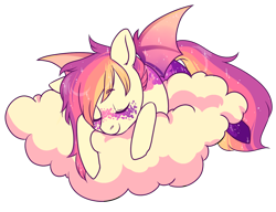 Size: 1300x1000 | Tagged: safe, artist:lavvythejackalope, oc, oc only, bat pony, pony, bat pony oc, bat wings, cloud, commission, eyes closed, female, mare, on a cloud, simple background, sleeping, solo, transparent background, wings, ych result