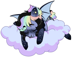 Size: 1200x1000 | Tagged: safe, artist:lavvythejackalope, oc, oc only, bat pony, pony, bat pony oc, bat wings, cloud, commission, eyes closed, multicolored hair, on a cloud, rainbow hair, simple background, sleeping, solo, transparent background, wings, ych result