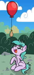 Size: 1415x3107 | Tagged: safe, artist:dinkyuniverse, aura (g4), pony, g4, atg 2021, balloon, female, filly, newbie artist training grounds, solo