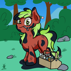 Size: 1533x1554 | Tagged: safe, artist:dinkyuniverse, red june, pony, apple family member, atg 2021, dirty, grease, mechanic, mouth hold, newbie artist training grounds, solo, toolbox, wrench