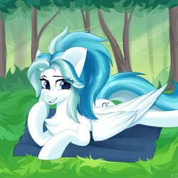 Size: 2000x2000 | Tagged: safe, artist:rinteen, oc, oc only, pegasus, pony, blanket, forest, grass, high res, lying down, ponytail, smiling, solo, tree, wings