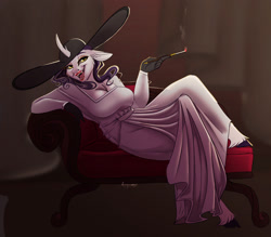 Size: 1797x1575 | Tagged: safe, artist:unfinishedheckery, rarity, unicorn, vampire, anthro, unguligrade anthro, g4, breasts, busty rarity, cigarette, cigarette holder, clothes, digital art, dress, female, floppy ears, gloves, hat, horn, lady dimitrescu, lady raritrescu, looking at you, open mouth, open smile, pose, resident evil 8, sharp teeth, smiling, smiling at you, smoking, solo, tail, teeth