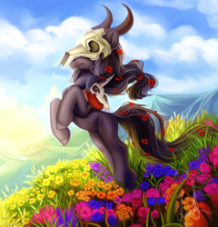 Size: 3000x3120 | Tagged: safe, artist:youth_roses, oc, oc only, pony, bipedal, commission, flower, flower in hair, flower in tail, high res, mountain