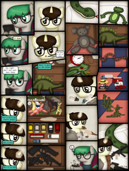 Size: 1750x2333 | Tagged: safe, artist:99999999000, oc, oc only, oc:cwe, oc:li anna, dinosaur, elephant, frog, giraffe, pegasus, pony, comic:visit, animal, army men, car, clothes, comic, doll, female, glasses, gun, handgun, male, music box, pistol, toy, toy car, toy gun, weapon