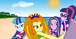 Size: 2751x1434 | Tagged: safe, artist:bigpurplemuppet99, adagio dazzle, aria blaze, sci-twi, sonata dusk, twilight sparkle, equestria girls, g4, beach, clothes, swimsuit, the dazzlings