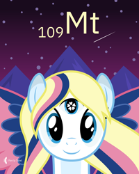 Size: 4000x5000 | Tagged: safe, artist:parclytaxel, oc, oc only, oc:star heart, pegasus, pony, series:joycall6's periodic table, .svg available, absurd resolution, bust, chemistry, colored wings, commission, female, heart eyes, looking at you, mare, meitnerium, mountain, night, periodic table, portrait, shooting star, smiling, solo, spread wings, stars, third eye, vector, wingding eyes, wings