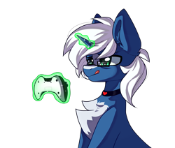 Size: 6500x5500 | Tagged: safe, artist:volchonok, oc, oc only, oc:passi deeper, pony, unicorn, choker, coat markings, controller, eyebrows, glasses, glowing horn, green eyes, horn, levitation, magic, magic aura, male, simple background, sitting, solo, stallion, telekinesis, tongue out, transparent background, unicorn oc