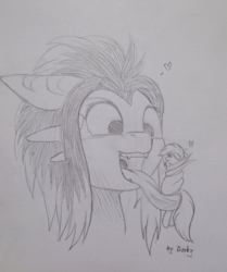 Size: 902x1080 | Tagged: safe, artist:darky_wings, oc, oc only, oc:darky wings, dracony, dragon, hybrid, pegasus, pony, fangs, macro, micro, monochrome, photo, prehensile tongue, tongue holding, tongue wrap, traditional art, vore
