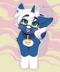 Size: 1637x1972 | Tagged: safe, artist:faract, oc, oc only, oc:passi deeper, pony, unicorn, abstract background, animated, blushing, coat markings, collar, colored pupils, cute, daaaaaaaaaaaw, eyebrows, eyebrows visible through hair, eyes closed, floppy ears, gif, glasses, green eyes, grin, happy, horn, looking at you, looking up, looking up at you, male, master, open mouth, open smile, pet play, pet tag, pony pet, shy, smiling, smiling at you, socks (coat markings), solo, stallion, standing, surprised, tail, unicorn oc