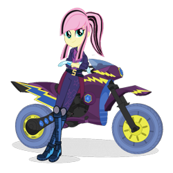 Size: 817x817 | Tagged: safe, artist:sunsetshimmer333, fluttershy, equestria girls, g4, my little pony equestria girls: friendship games, alternate universe, clothes swap, crossed arms, female, helmet, leaning, looking at you, motocross outfit, motorcross, motorcycle, shadow, simple background, smiling, smiling at you, solo, transparent background