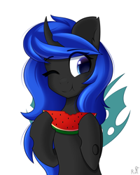 Size: 1600x2000 | Tagged: safe, artist:rinteen, oc, oc only, oc:blue visions, changeling, abstract background, belly, blue changeling, bust, changeling loves watermelon, changeling wings, cute, eating, eyelashes, female, food, horn, simple background, solo, watermelon, white background, wings