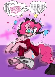 Size: 2480x3507 | Tagged: safe, artist:mcsplosion, pinkie pie, earth pony, pony, g4, balloon, confetti, drool, frog (hoof), high res, human to pony, lip bite, male to female, mental shift, onomatopoeia, possession, rule 63, swirly eyes, thought bubble, transformation, transformation sequence, transgender transformation, underhoof