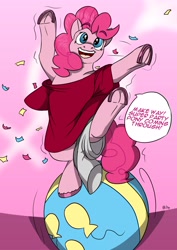 Size: 2480x3507 | Tagged: safe, artist:mcsplosion, pinkie pie, earth pony, pony, g4, ball, balloon, bipedal, clothes, confetti, dialogue, female, frog (hoof), high res, human to pony, male to female, open mouth, open smile, rule 63, shirt, smiling, speech bubble, standing, standing on one leg, transformation, transgender transformation, underhoof
