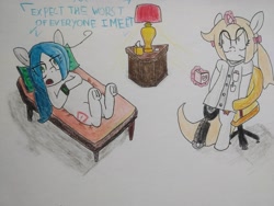 Size: 2000x1500 | Tagged: safe, artist:cherro, oc, oc only, oc:cherry blossom, oc:mal, earth pony, pony, unicorn, chair, clothes, couch, dialogue, female, lab coat, lamp, therapist, therapy, tissue box, traditional art
