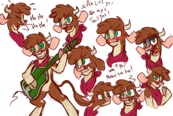 Size: 1800x1200 | Tagged: safe, artist:thescornfulreptilian, arizona (tfh), cow, them's fightin' herds, bandana, cloven hooves, community related, dialogue, eye dialect, female, guitar, musical instrument, simple background, tara strong, voice actor joke, white background