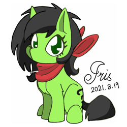 Size: 787x787 | Tagged: safe, artist:v-benzene(iris), oc, oc only, oc:filly anon, earth pony, pony, pony town, black mane, crouching, digital art, female, filly, green eyes, neckerchief, solo