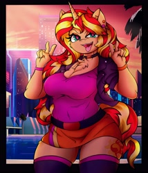 Size: 3511x4096 | Tagged: safe, artist:canvymamamoo, sunset shimmer, unicorn, anthro, g4, belly button, big breasts, breasts, busty sunset shimmer, chest fluff, choker, clothes, double peace sign, ear piercing, earring, female, jacket, jewelry, lidded eyes, looking at you, open mouth, peace sign, piercing, skirt, solo, stockings, thigh highs, tongue out