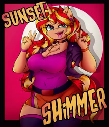 Size: 3511x4096 | Tagged: safe, alternate version, artist:canvymamamoo, sunset shimmer, unicorn, anthro, g4, abstract background, belly button, big breasts, breasts, busty sunset shimmer, chest fluff, choker, clothes, double peace sign, ear piercing, earring, female, jacket, jewelry, lidded eyes, looking at you, open mouth, peace sign, piercing, skirt, solo, stockings, thigh highs, tongue out