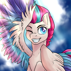 Size: 2000x2000 | Tagged: safe, artist:not-ordinary-pony, derpibooru exclusive, zipp storm, pegasus, pony, g5, my little pony: a new generation, female, grin, high res, mare, one eye closed, smiling, solo, wings, wink