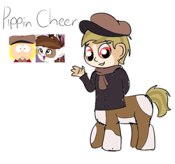 Size: 1637x1536 | Tagged: safe, artist:colorcodetheartist, oc, oc:pippin cheer, centaur, human, taur, clothes, crossover, crossover ship offspring, crossover shipping, hat, humanized, magical gay spawn, male, markings, newsboy hat, offspring, parent:pip pirrup, parent:pipsqueak, scarf, shipping, south park, vitiligo