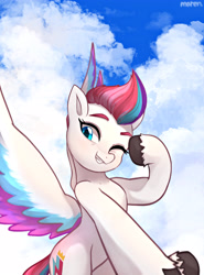 Size: 2852x3844 | Tagged: safe, artist:maren, zipp storm, pegasus, pony, g5, my little pony: a new generation, cloud, female, high res, mare, one eye closed, sky, solo, wings, wink