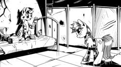 Size: 4256x2364 | Tagged: safe, artist:lexx2dot0, oc, oc only, oc:blackjack, oc:littlepip, pony, unicorn, fallout equestria, fallout equestria: project horizons, series:ph together we reread, black and white, clothes, duo, fanfic art, grayscale, horn, jumpsuit, monochrome, pipbuck, small horn, vault suit
