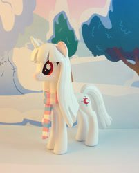 Size: 763x950 | Tagged: safe, artist:krowzivitch, oc, oc only, oc:hoarfrost, pony, unicorn, clothes, craft, diorama, female, figurine, irl, mare, photo, scarf, sculpture, solo, standing, traditional art