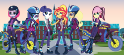 Size: 1335x598 | Tagged: safe, alternate version, artist:sunsetshimmer333, applejack, fluttershy, pinkie pie, rainbow dash, rarity, sunset shimmer, equestria girls, g4, my little pony equestria girls: friendship games, alternate hairstyle, alternate timeline, alternate universe, arrow, bow (weapon), bow and arrow, clothes swap, crystal prep shadowbolts, helmet, motorcross, motorcycle, motorcycle helmet, motorcycle outfit, night maid rarity, nightmare takeover timeline, pinkamena diane pie, roller skates, weapon