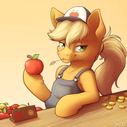 Size: 2000x2000 | Tagged: safe, artist:ohemo, applejack, earth pony, pony, g4, apple, clothes, coin, female, food, herbivore, high res, human shoulders, lidded eyes, looking at you, mare, overalls, smiling, smiling at you, solo, straw in mouth, underhoof