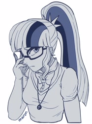 Size: 1911x2559 | Tagged: safe, artist:maren, sci-twi, twilight sparkle, equestria girls, g4, bowtie, clothes, doodle, geode of telekinesis, glasses, magical geodes, monochrome, shirt, simple background, solo