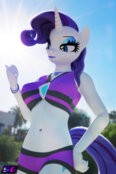 Size: 2560x3840 | Tagged: safe, artist:shadowboltsfm, rarity, unicorn, anthro, plantigrade anthro, g4, 3d, beach shorts swimsuit, belly button, blender, bracelet, breasts, busty rarity, clothes, equestria girls outfit, eyeshadow, female, geode of shielding, hand on hip, high res, jeweled swimsuit, jewelry, lens flare, lipstick, magical geodes, makeup, midriff, not sfm, rarity's beach shorts swimsuit, rarity's purple bikini, solo, swimsuit
