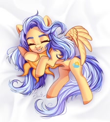 Size: 900x1000 | Tagged: safe, artist:youth_roses, oc, oc only, pegasus, pony, commission, eyes closed, female, lying down, mare, smiling, wings