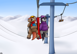 Size: 3024x2145 | Tagged: safe, artist:the-furry-railfan, oc, oc only, oc:magna-save, oc:winterlight, pegasus, pony, unicorn, clothes, high res, inflation, mountain, mountain range, scarf, sitting, ski lift, skis, snow, this will end in balloons