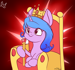 Size: 968x910 | Tagged: safe, artist:alexsc112, izzy moonbow, pony, unicorn, g5, crown, jewelry, out of character, regalia, scepter, smol, solo, throne