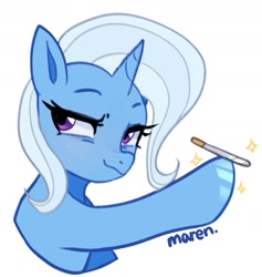 Size: 1904x2008 | Tagged: safe, artist:maren, trixie, pony, unicorn, g4, abstract background, balancing, bust, eyelashes, female, horn, mare, nail file, simple background, smug, solo, white background