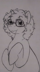 Size: 1839x3262 | Tagged: safe, artist:mintbubbie, oc, oc only, oc:neapolitan swirl, pony, unicorn, glasses, grayscale, looking at you, male, monochrome, offspring, parent:cheese sandwich, parent:pinkie pie, parents:cheesepie, solo, stallion, tongue out, traditional art