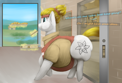 Size: 2696x1840 | Tagged: safe, artist:lupin quill, oc, oc:snow veil, pony, unicorn, series:snow helps herself (weight gain), apron, belly, big belly, bread, butt, chubby cheeks, clothes, croissant, dialogue, diner, eating, fat, fat fetish, female, fetish, food, grin, headband, horn, kitchen, large butt, lineless, magic, name tag, plot, ponytail, sandwich, smiling, tight clothing, unicorn oc, waitress, weight gain, weight gain sequence, window