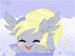 Size: 2000x1499 | Tagged: safe, artist:auroracursed, derpy hooves, pegasus, pony, g4, animated, blushing, cute, derpabetes, eyes closed, female, flower, gif, happy, lying down, mare, open mouth, open smile, prone, smiling, solo, spread wings, wings