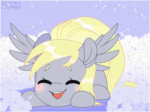 Size: 2000x1499 | Tagged: safe, artist:auroracursed, derpy hooves, pegasus, pony, animated, blushing, cute, derpabetes, eyes closed, female, flower, gif, happy, lying down, mare, open mouth, open smile, prone, smiling, solo, spread wings, wings