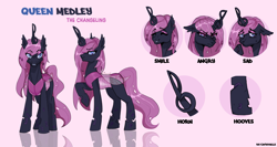 Size: 3728x1986 | Tagged: safe, artist:catrivaille, oc, oc only, oc:queen medley, changeling, changeling queen, pony, changeling oc, changeling queen oc, female, full body, purple changeling, quadrupedal, reference, reference sheet, treble clef, wings