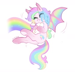Size: 1600x1531 | Tagged: safe, artist:catrivaille, oc, oc only, pegasus, pony, bat wings, cute, eyes closed, rainbow, solo, wings