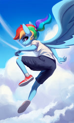 Size: 1500x2501 | Tagged: safe, artist:mrscroup, rainbow dash, pegasus, anthro, alternate hairstyle, clothes, cloud, female, flying, shoes, sky, sneakers, solo, younger