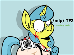 Size: 1600x1200 | Tagged: safe, artist:anonymous, lemon hearts, pony, unicorn, g4, /mlp/, /mlp/ tf2 general, 4chan, blood, clothes, female, glasses, lab coat, mare, medic, medic (tf2), necktie, shrunken pupils, simple background, smiling, solo, team fortress 2