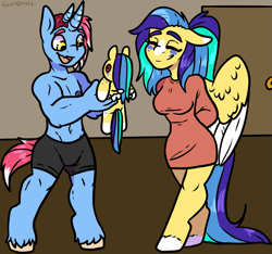 Size: 1537x1437 | Tagged: safe, artist:sexygoatgod, oc, oc only, oc:blue lagoon, oc:obsidian, bicorn, pegasus, unicorn, anthro, breasts, clothes, duo, female, horn, male, male nipples, multiple horns, nipples, partial nudity, plushie, topless, trans male, transgender