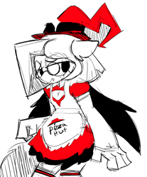 Size: 3357x4049 | Tagged: safe, artist:wallswallswalls, oc, oc only, oc:evening star, bat pony, anthro, black and red, clothes, crossdressing, femboy, glasses, hat, lidded eyes, maid, male, partial color, pizza hut, pizza hut maid dress, simple background, solo, white background, witch costume, witch hat