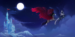 Size: 4842x2400 | Tagged: safe, artist:ani2ad, oc, oc only, pegasus, pony, castle, moon, night, pegasus oc