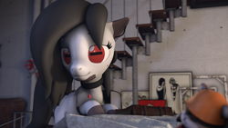 Size: 1920x1080 | Tagged: safe, artist:arrell, oc, oc only, oc:madam matilda, earth pony, pony, 3d, bed, book, choker, female, horizontal pupils, mare, offscreen character, plushie, pov, smiling, solo, teddy bear