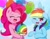 Size: 2048x1598 | Tagged: safe, artist:zeon_starlight, pinkie pie, rainbow dash, earth pony, pegasus, pony, g4, secrets and pies, balloon, blueberry, blushing, cake, cloud, eyes closed, floppy ears, food, fruit, one eye closed, open mouth, open smile, rainbow blueberry pie, sky, smiling, sweat, sweatdrop