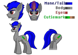 Size: 529x379 | Tagged: safe, artist:zeka10000, oc, oc only, oc:enigan, pony, unicorn, :3, bust, butt, colors, cutie mark, magic, male, palette, pixel art, reference sheet, simple background, solo, stallion, standing, text, transparent background