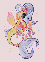 Size: 937x1280 | Tagged: safe, artist:cheesychelsy, princess skystar, seapony (g4), g4, my little pony: the movie, blue eyes, blue mane, digital art, dorsal fin, female, fin wings, fins, fish tail, flower, flower in hair, flowing tail, jewelry, looking at you, necklace, one eye closed, pearl necklace, red wings, seashell, seashell necklace, simple background, smiling, solo, tail, teeth, white background, wings, wink